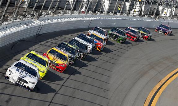 Brad Keselowski and Ryan Blaney lead the field during the Monster Energy NASCAR Cup Series Advance Auto Parts Clash at Daytona International Speedway. [Photo by Brian Lawdermilk]